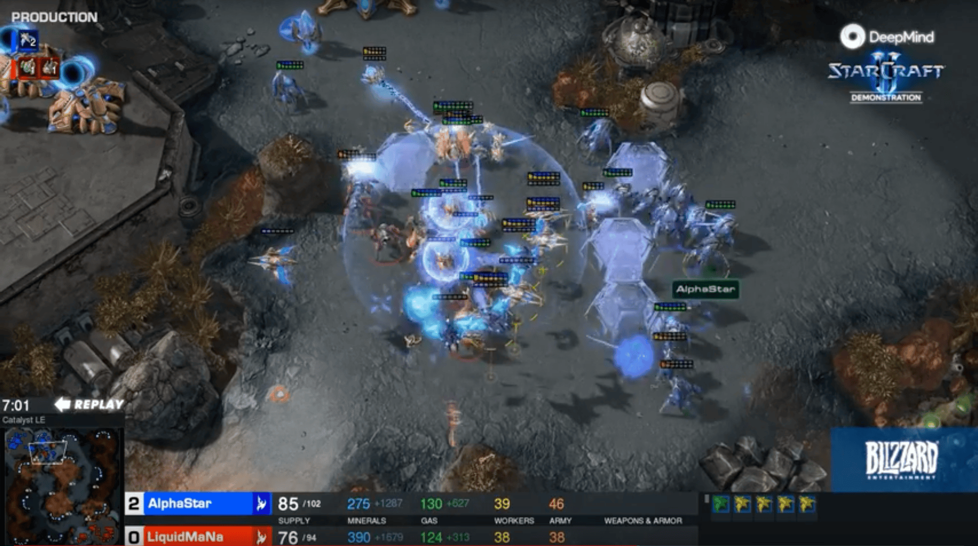 ภาพประกอบบอต AI หลายตัวแข่งกันเล่น StarCraft บนสนามดิจิทัล
