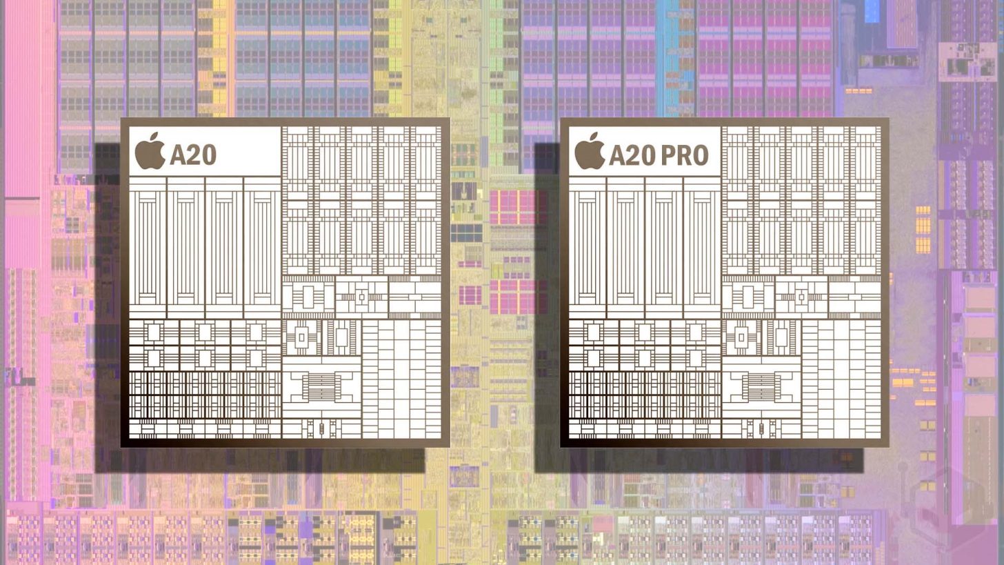 ภาพ die ของชิป Apple A20 เทียบกับ A20 Pro แสดงโครงสร้างภายในที่ต่างกัน