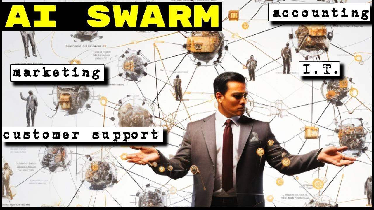 ภาพประกอบธีม AI Swarm แสดงงานหลายแผนกที่ถูกเชื่อมโยงกัน เช่น บัญชี การตลาด และไอที