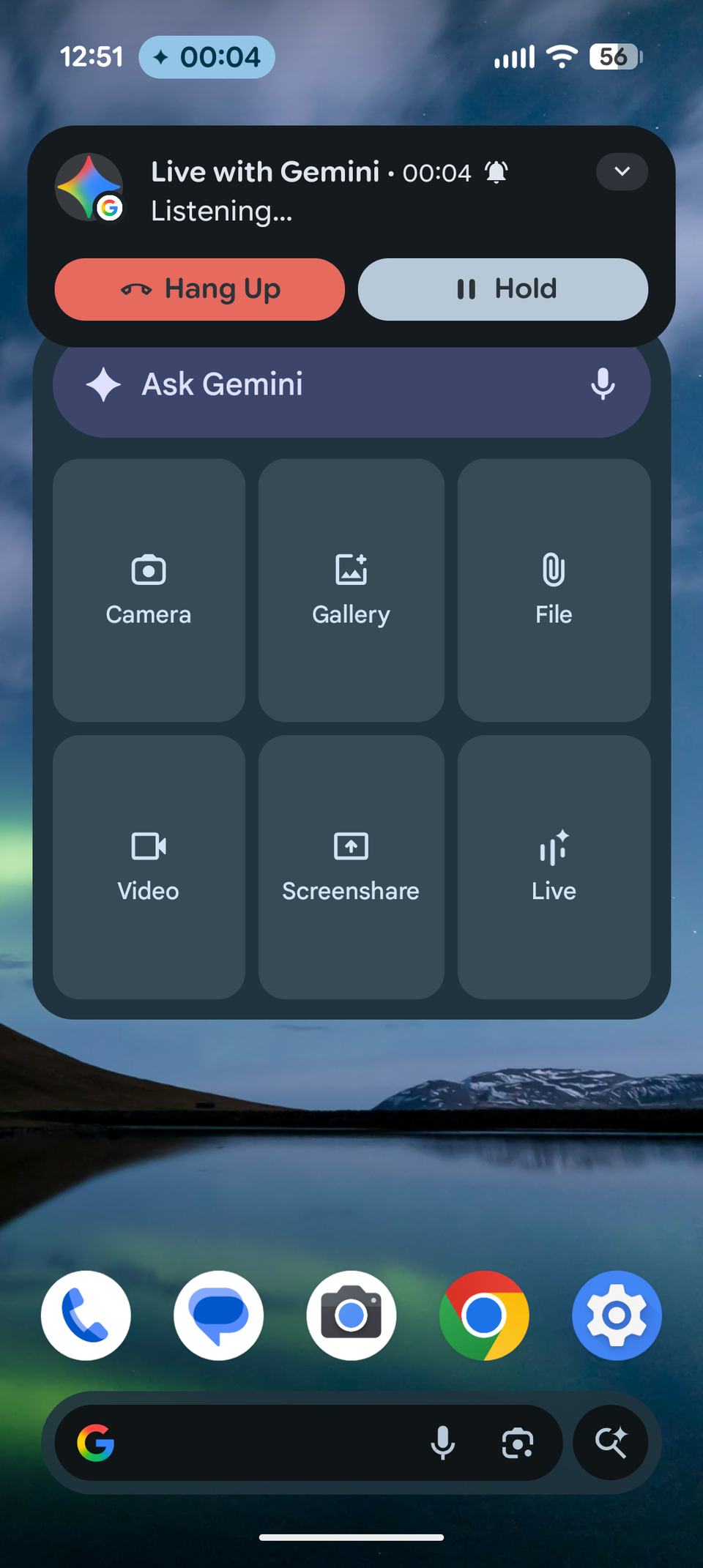 หน้าจอ Live with Gemini พร้อมเมนู Camera, Gallery, File, Video, Screenshare และ Live บน Android