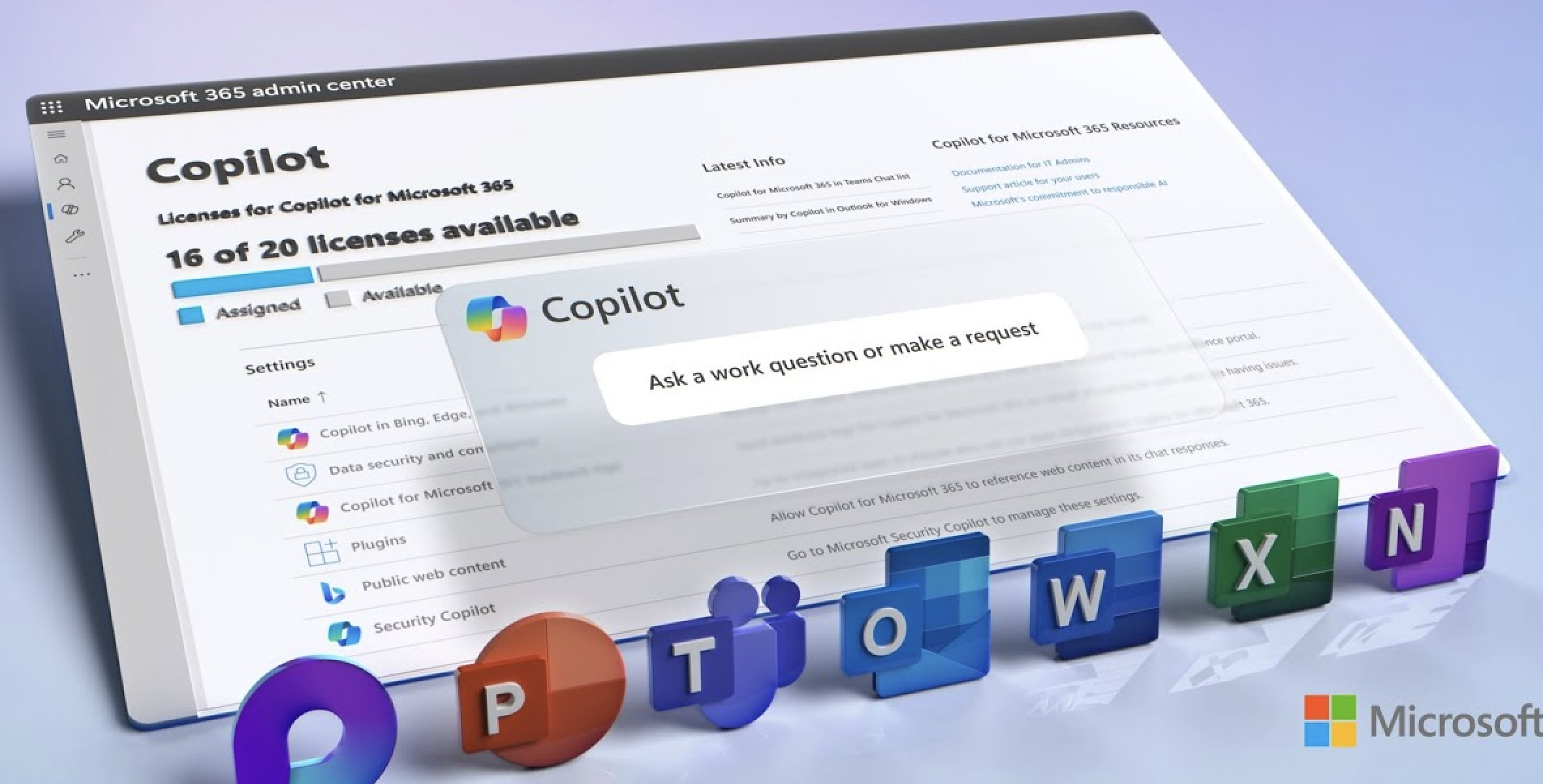 หน้าจอ Microsoft 365 admin center แสดงการจัดการไลเซนส์ Copilot และช่องแชต Ask a work question or make a request เชื่อมกับแอป Office ทั้งชุด