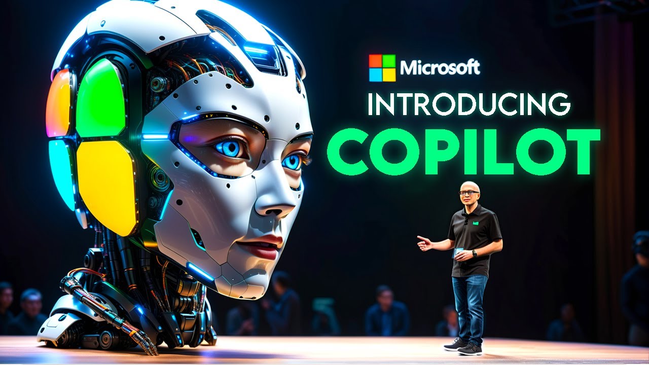 ภาพประกอบงานเปิดตัว Introducing Copilot ของ Microsoft พร้อมภาพ Satya Nadella บนเวที