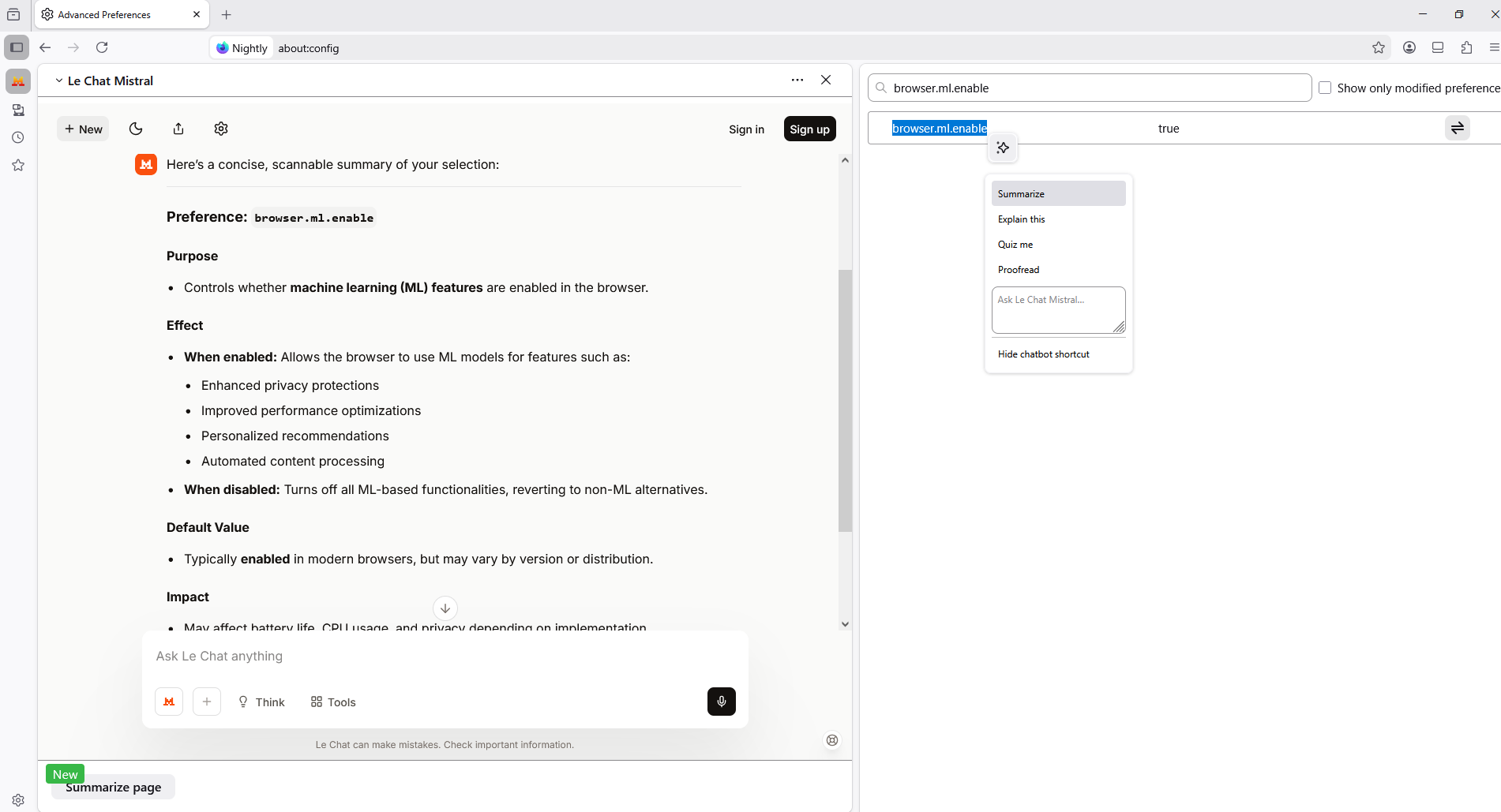 หน้าจอ Firefox Nightly เปิดใช้ค่า browser.ml.enable พร้อมแถบข้าง Le Chat Mistral ช่วยสรุปเนื้อหาในหน้าเว็บ