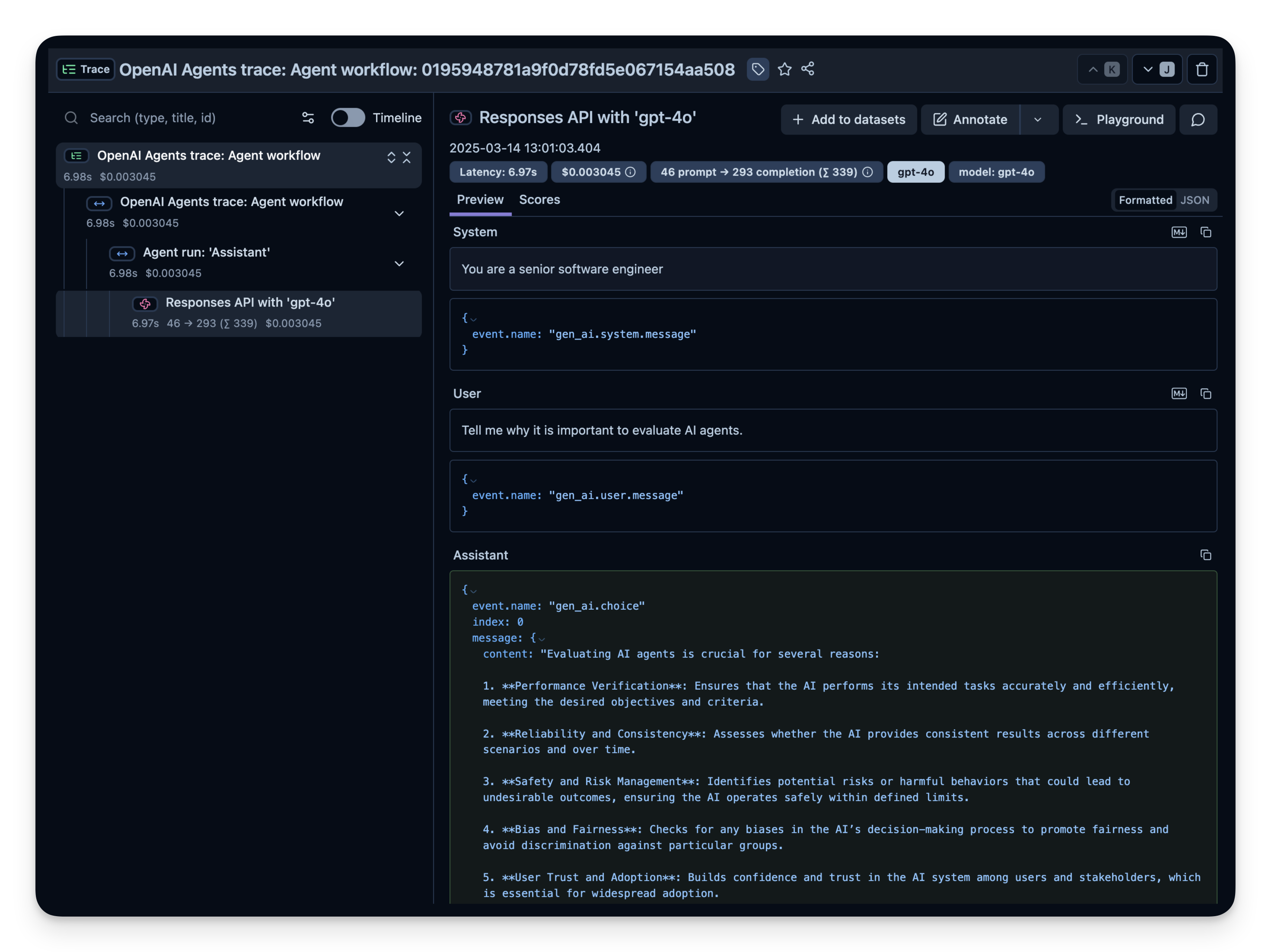 ตัวอย่างหน้าจอ trace การทำงานของเอเจนต์ AI ที่บันทึกทุกขั้นตอนตั้งแต่ system prompt คำถามของผู้ใช้ ไปจนถึงคำตอบของโมเดล ซึ่งเป็นเครื่องมือที่ช่วยตรวจสอบย้อนหลังว่าเอเจนต์ตัดสินใจอย่างไร
