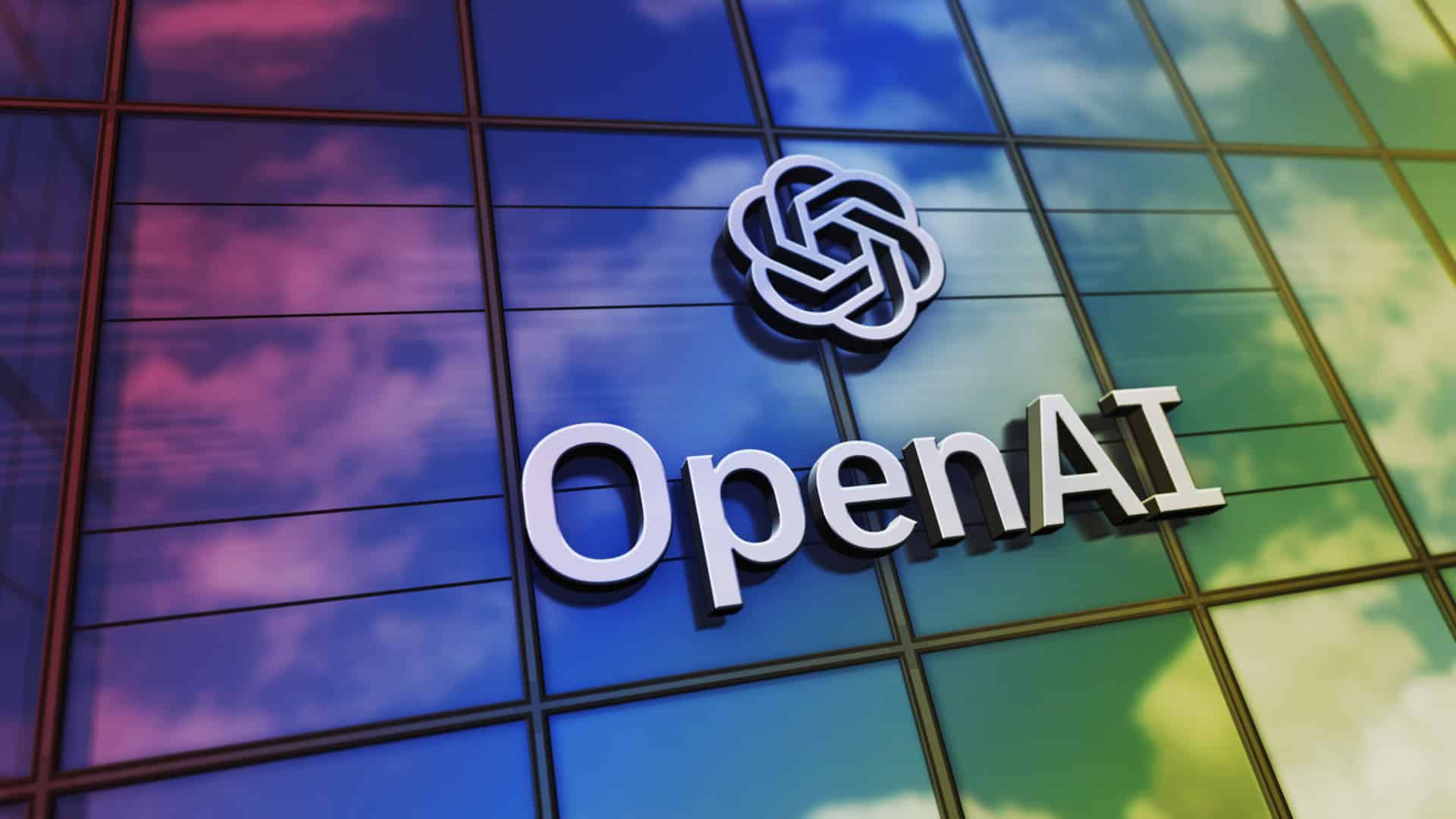 โลโก้ OpenAI ติดตั้งอยู่บนผนังกระจกของอาคารสำนักงาน