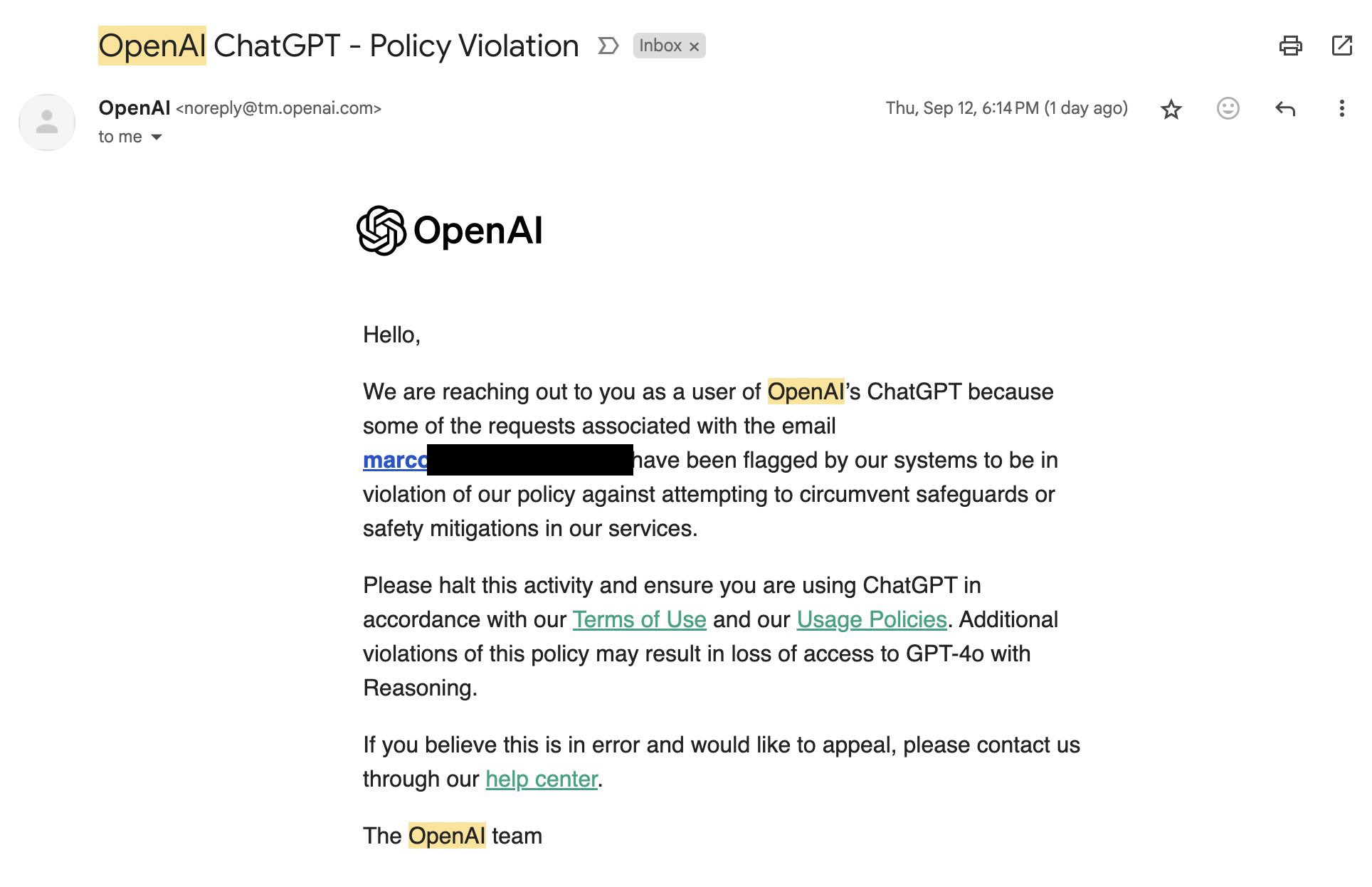 ตัวอย่างอีเมลแจ้งเตือนการละเมิดนโยบายอัตโนมัติจาก OpenAI สะท้อนว่าการตรวจสอบความปลอดภัยส่วนใหญ่พึ่งพาระบบอัตโนมัติมากกว่าดุลพินิจของคน