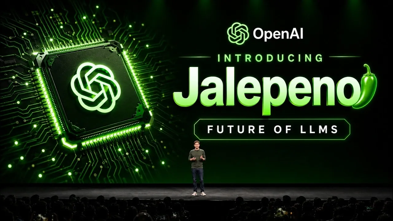 สไลด์เปิดตัว Jalapeño ของ OpenAI บนเวที ระบุข้อความ Introducing Jalapeño Future of LLMs