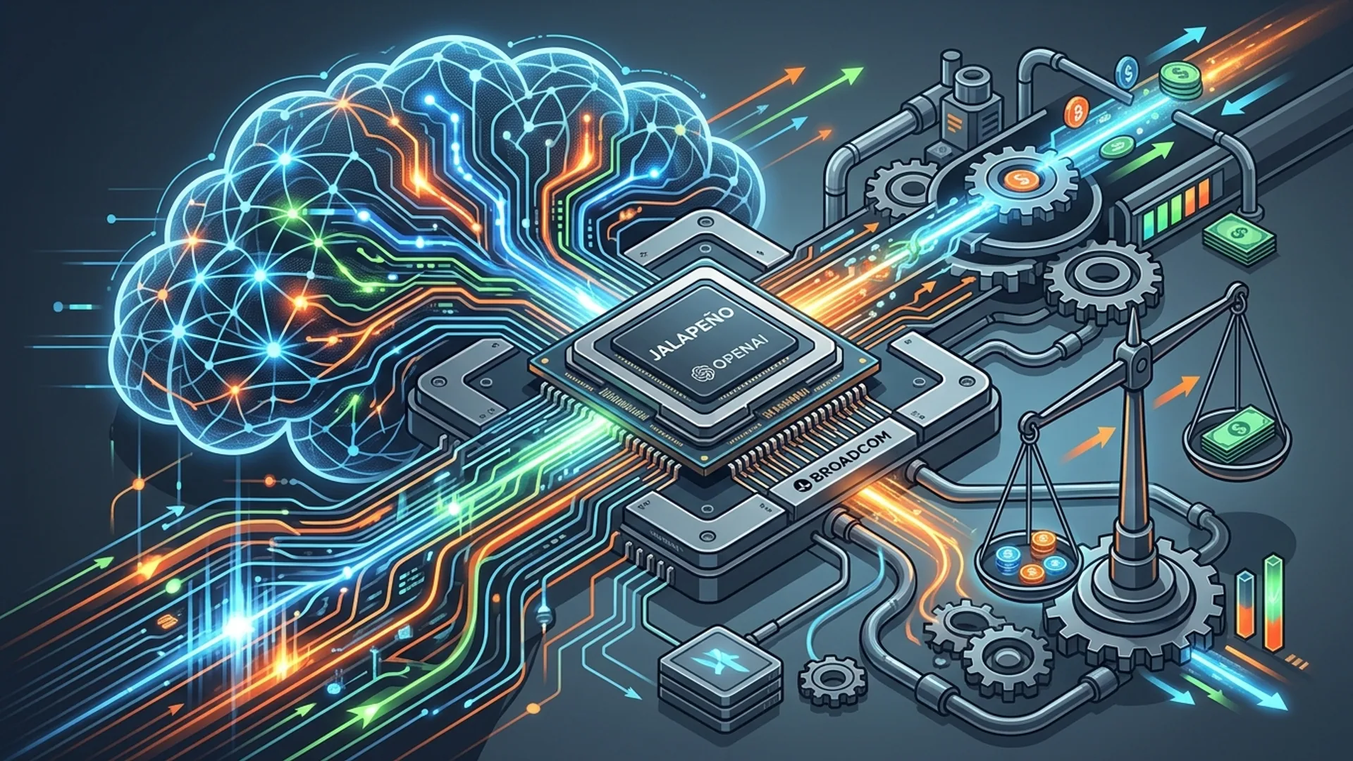 ภาพประกอบชิป Jalapeño ที่มีโลโก้ OpenAI และ Broadcom เชื่อมต่อกับโครงข่ายประสาทเทียมและสัญลักษณ์ต้นทุน